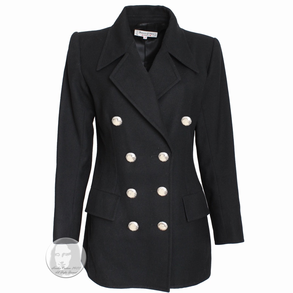 Yves Saint Laurent Jacket Black Wool Double Breasted Pea Coat Jacket Vintage 90s